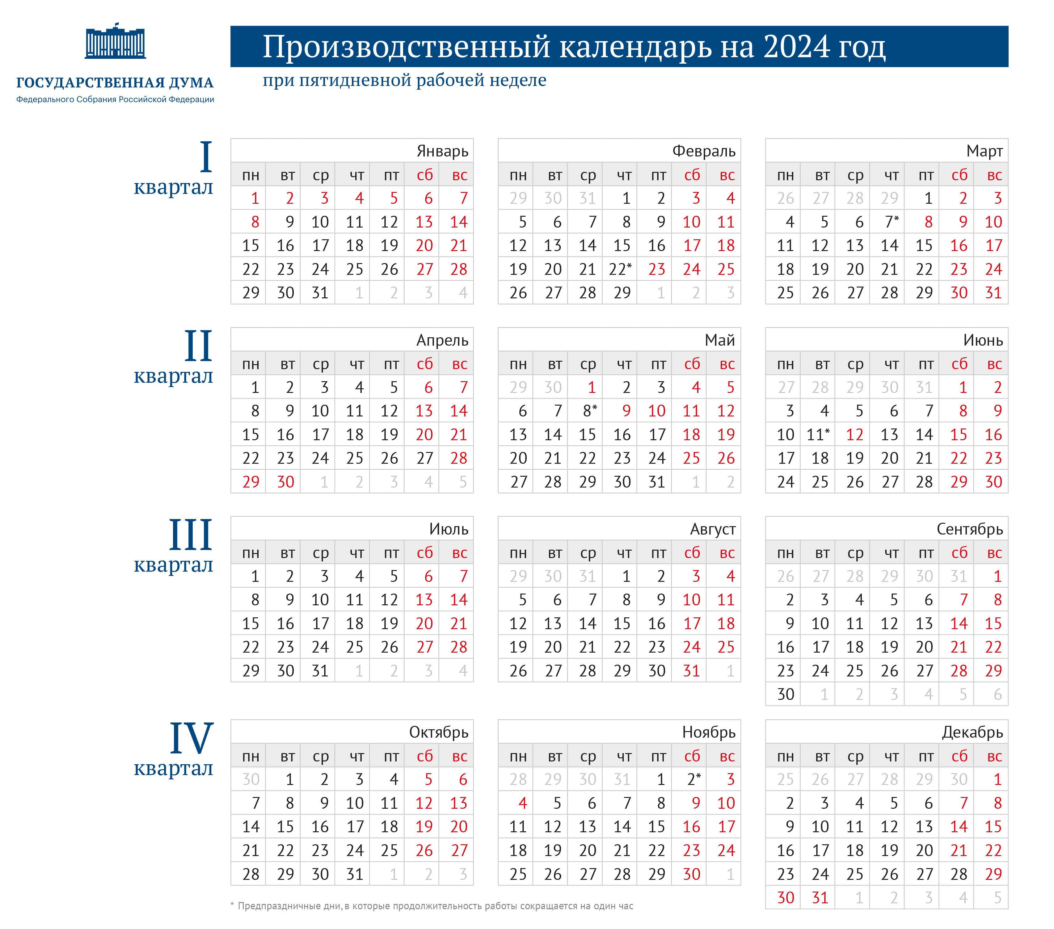 Правительство утвердило праздничные и выходные дни на 2024 год